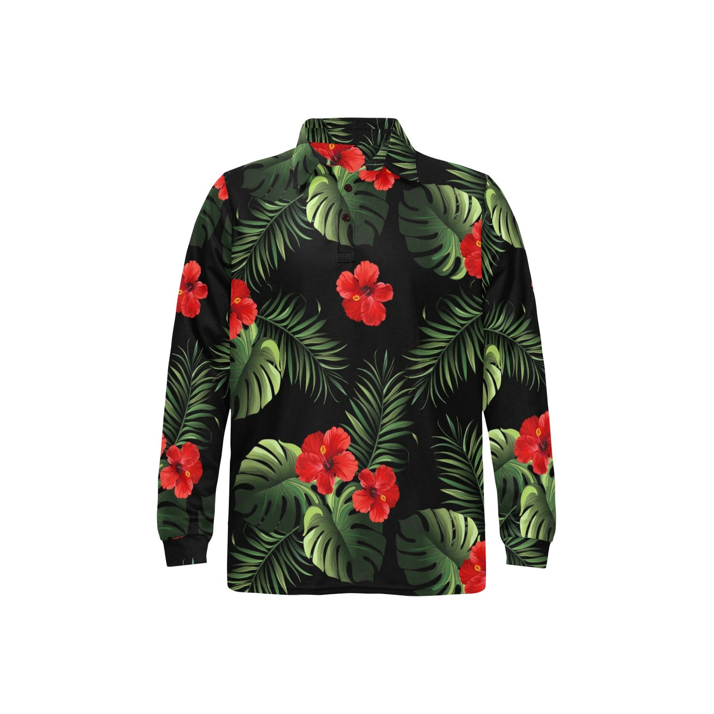 Red Hibiscus Tropical Long Sleeve Polo Shirt For Men's