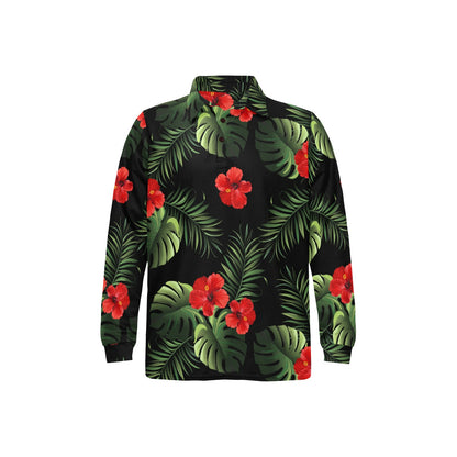Red Hibiscus Tropical Long Sleeve Polo Shirt For Men's
