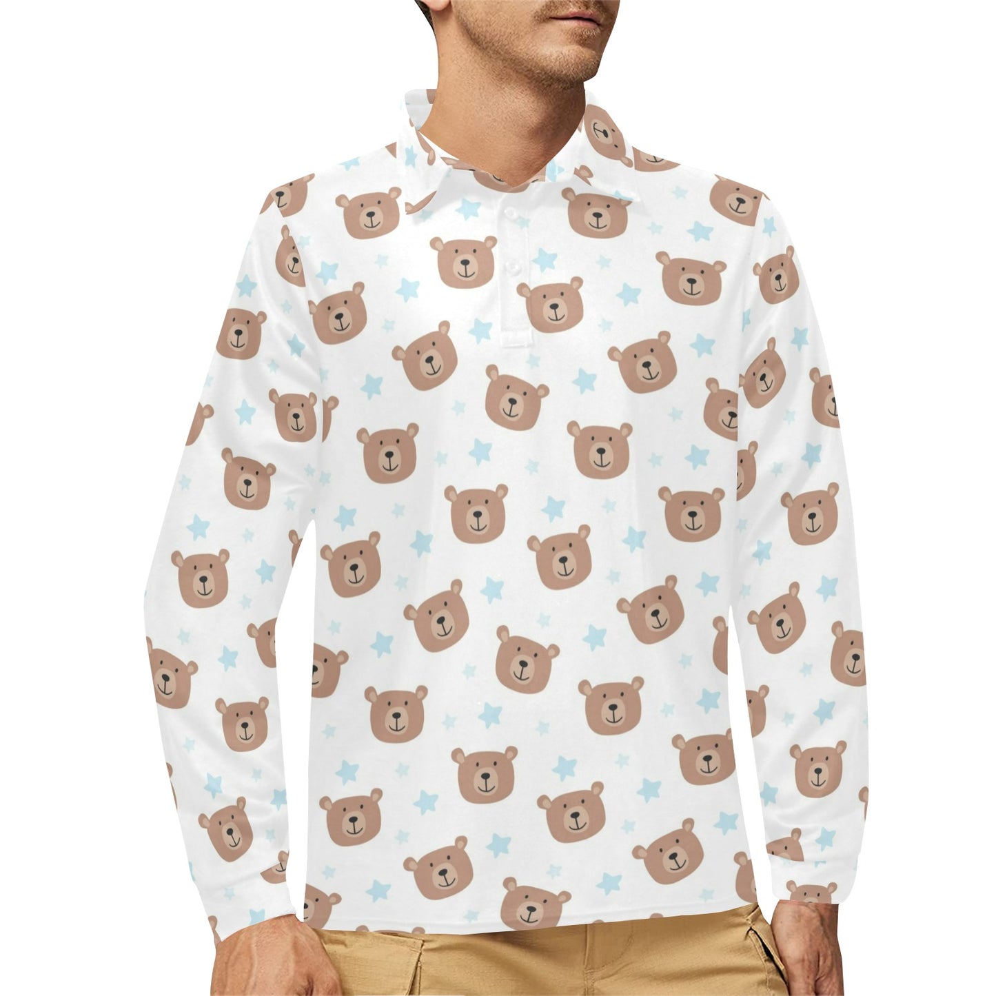 Bear Pattern Print Design BE02 Long Sleeve Polo Shirt For Men's