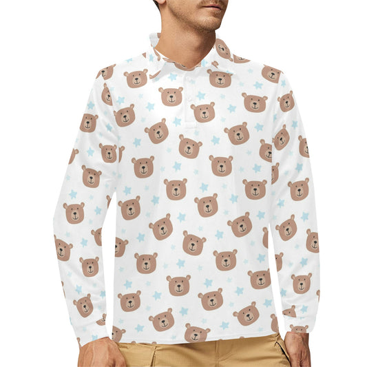 Bear Pattern Print Design BE02 Long Sleeve Polo Shirt For Men's