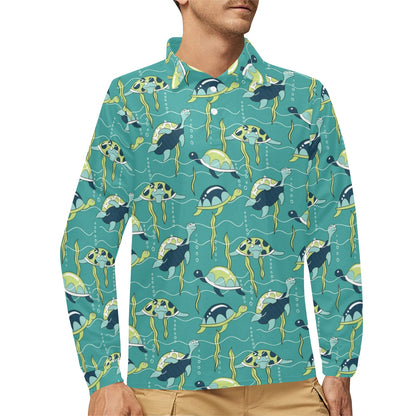 Sea Turtle Pattern Print Design T08 Long Sleeve Polo Shirt For Men's
