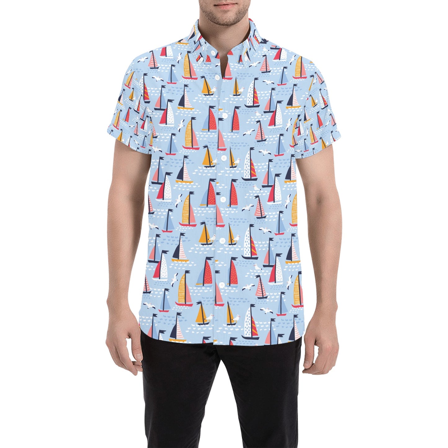 Sailboat Print Design LKS304 Men Short Sleeve Button Up Shirt