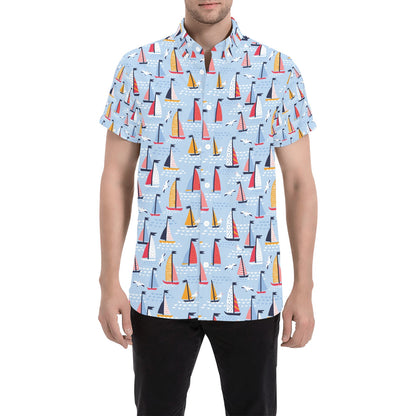 Sailboat Print Design LKS304 Men Short Sleeve Button Up Shirt