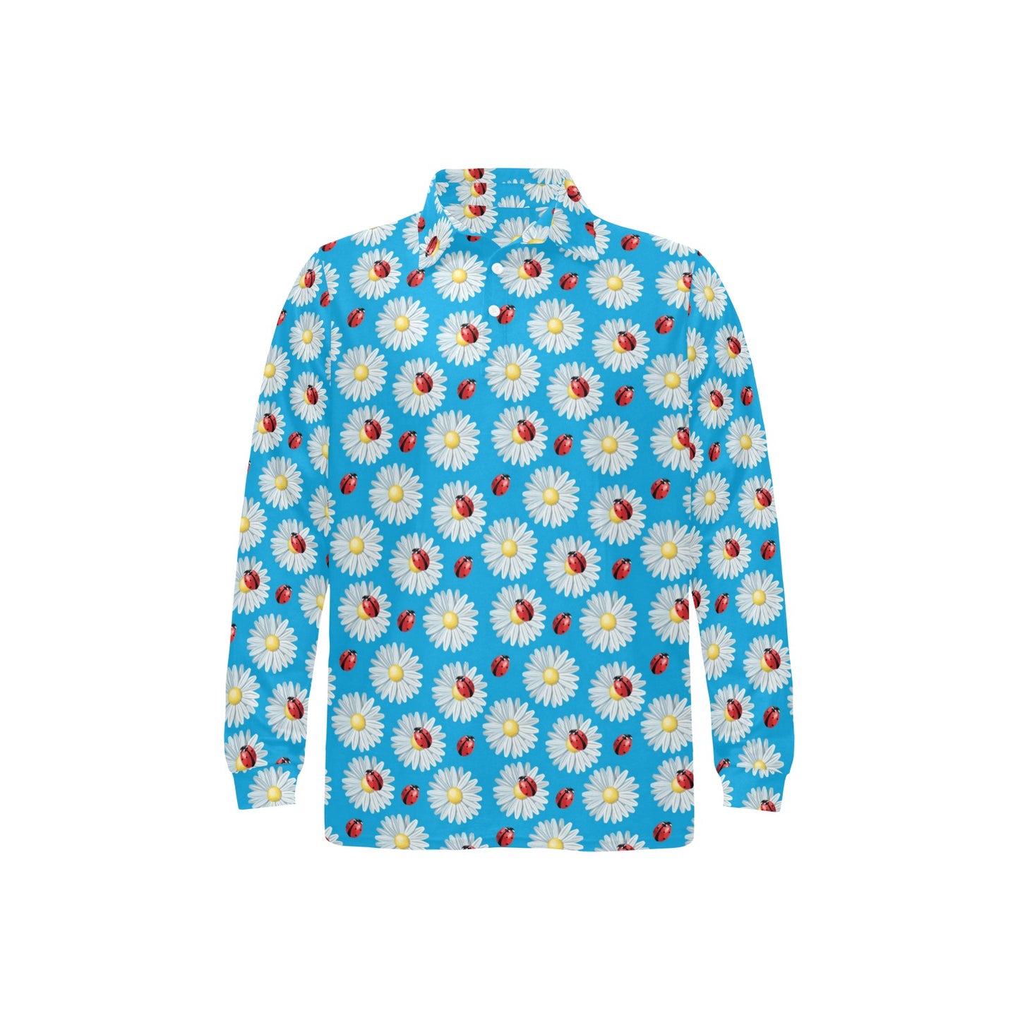 Ladybug with Daisy Themed Print Pattern Long Sleeve Polo Shirt For Men's