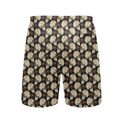 Sugar Skull Flower Design Themed Print Men's Swim Trunks Beach Shorts