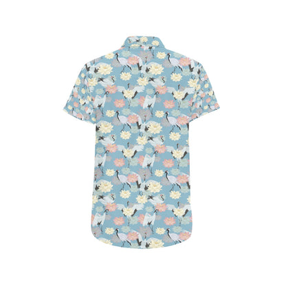 Water Lily Print Design LKS304 Men Short Sleeve Button Up Shirt