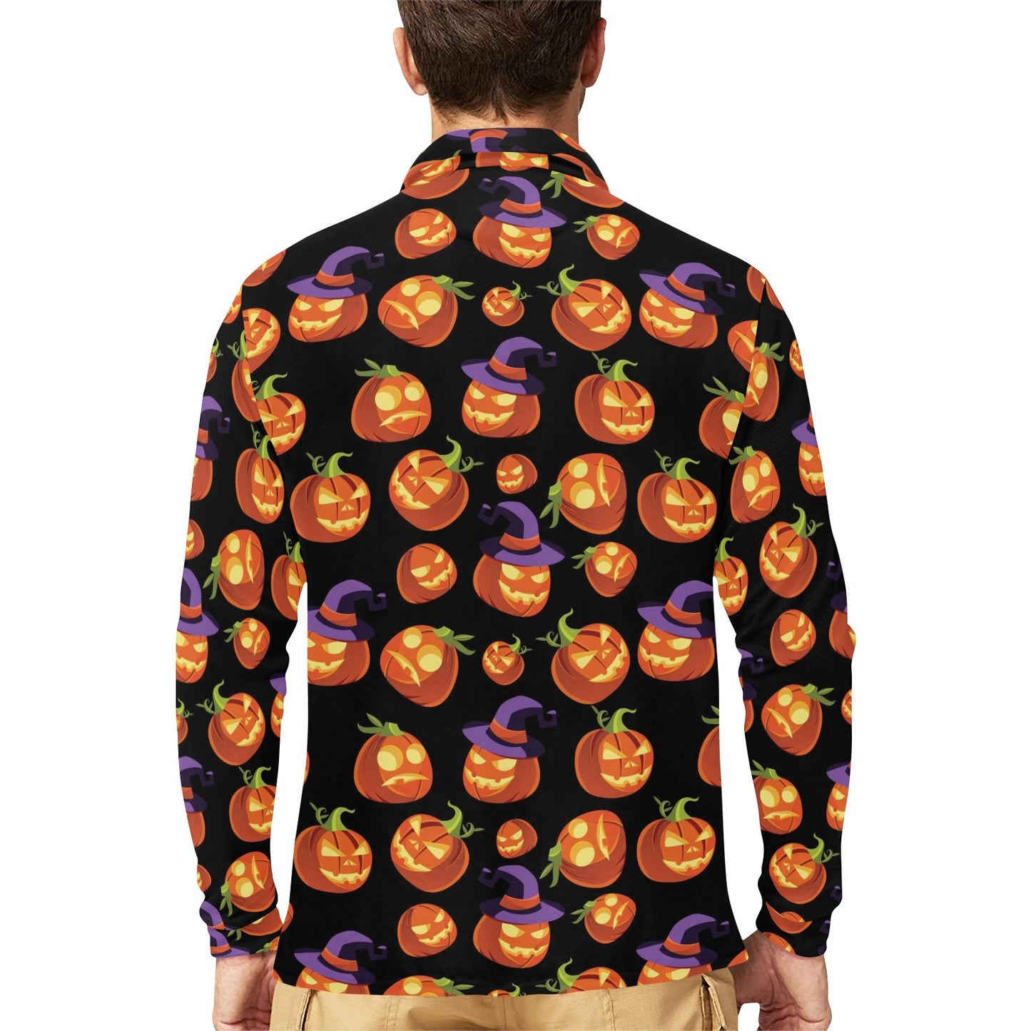 Witch Pumpkin Halloween Print LKS302 Long Sleeve Polo Shirt For Men's