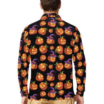 Witch Pumpkin Halloween Print LKS302 Long Sleeve Polo Shirt For Men's