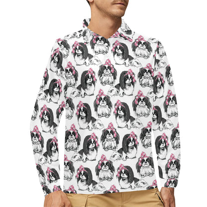 Japanese Chin Pattern Print Design 01 Long Sleeve Polo Shirt For Men's