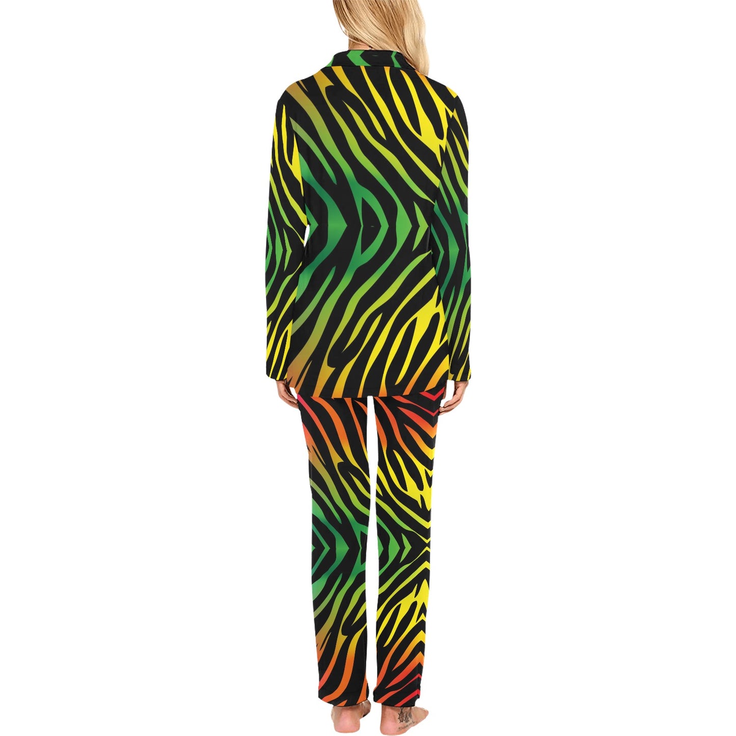 Rainbow Zebra Themed Print Women's Long Pajama Set