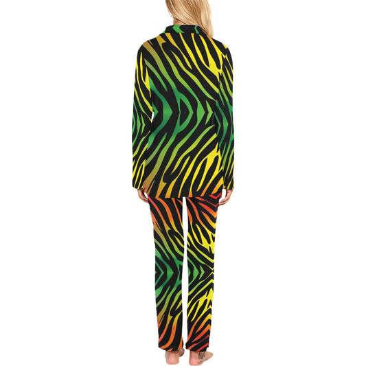 Rainbow Zebra Themed Print Women's Long Pajama Set