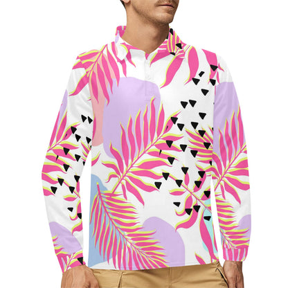 Pink Tropical Palm Leaves Long Sleeve Polo Shirt For Men's