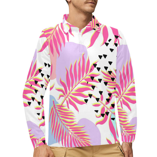 Pink Tropical Palm Leaves Long Sleeve Polo Shirt For Men's