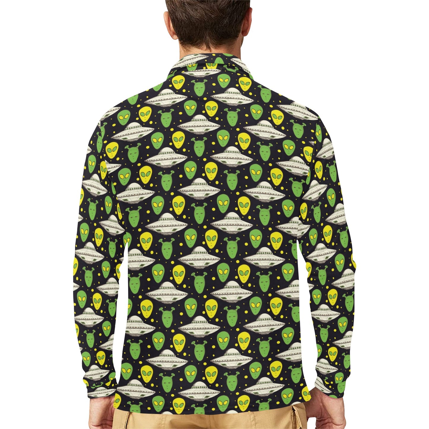 Alien UFO Pattern Long Sleeve Polo Shirt For Men's