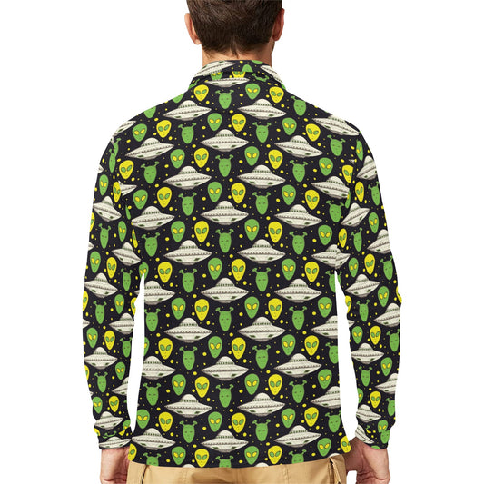 Alien UFO Pattern Long Sleeve Polo Shirt For Men's