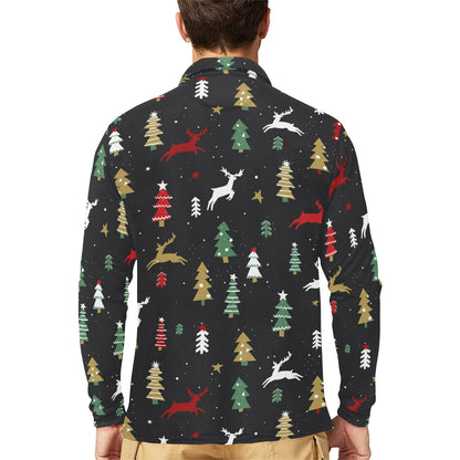 Christmas Tree Deer Style Pattern Print Design 03 Long Sleeve Polo Shirt For Men's