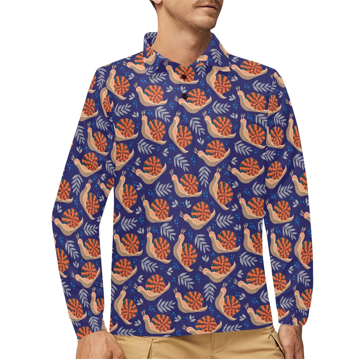 Snail Print Design LKS401 Long Sleeve Polo Shirt For Men's