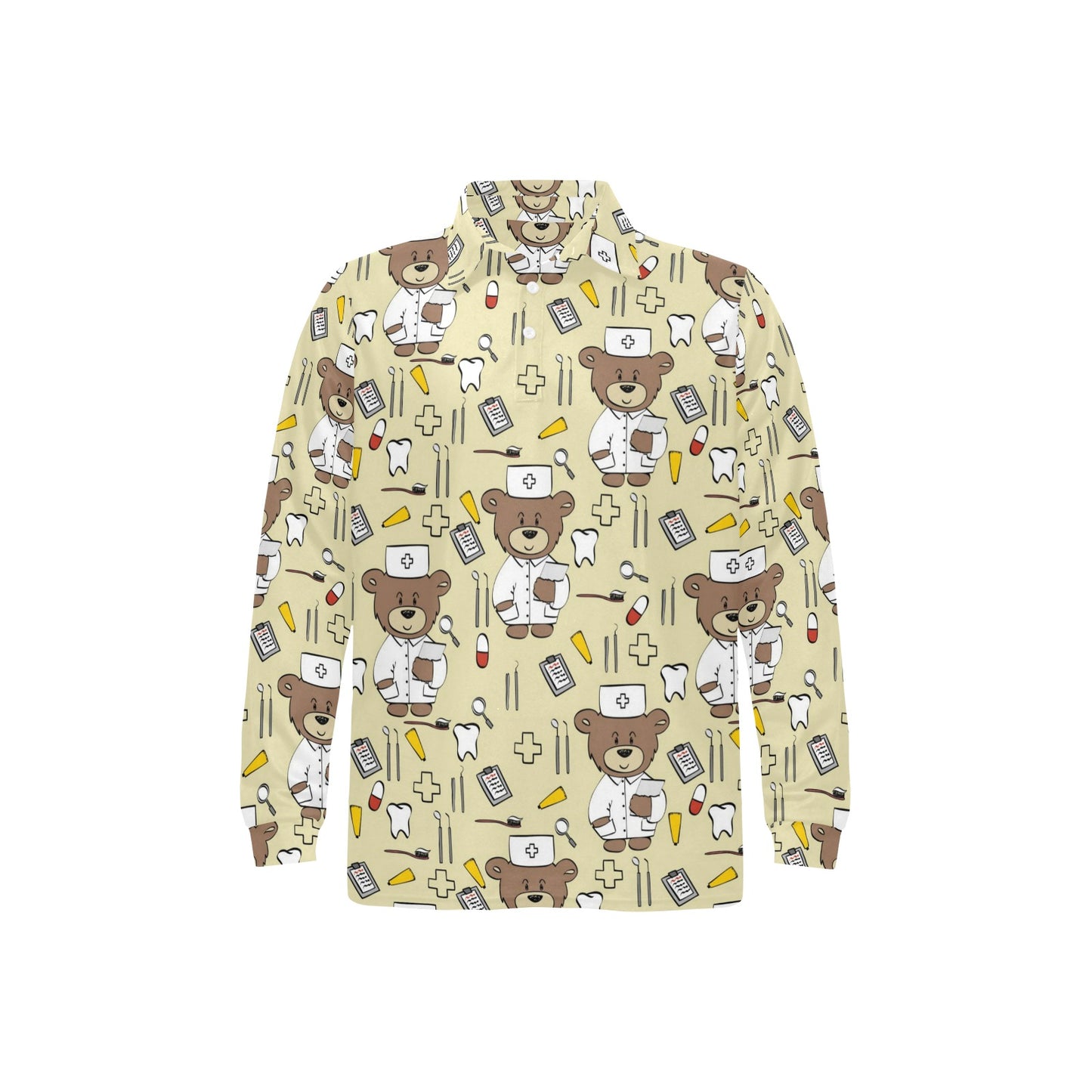 Nurse Bear Pattern Print Design A02 Long Sleeve Polo Shirt For Men's