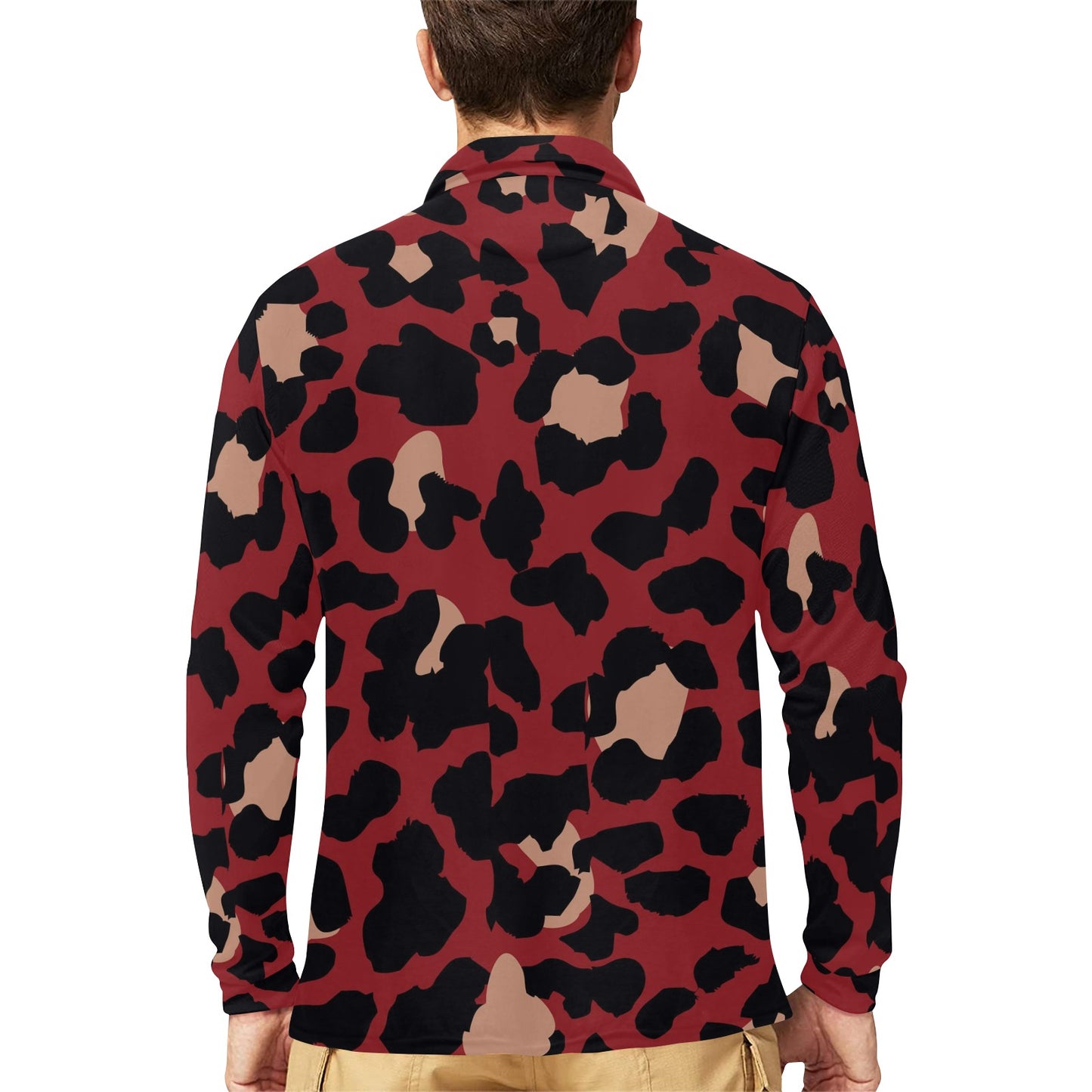 Cheetah Red Print Pattern Long Sleeve Polo Shirt For Men's