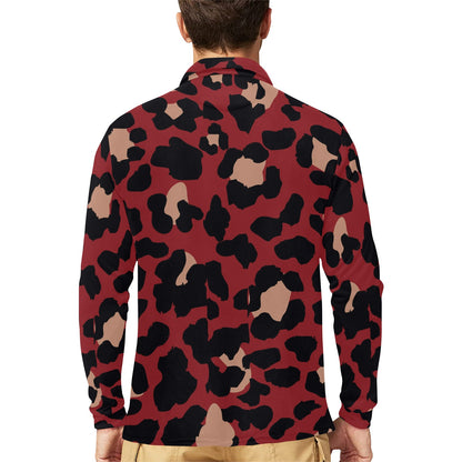 Cheetah Red Print Pattern Long Sleeve Polo Shirt For Men's