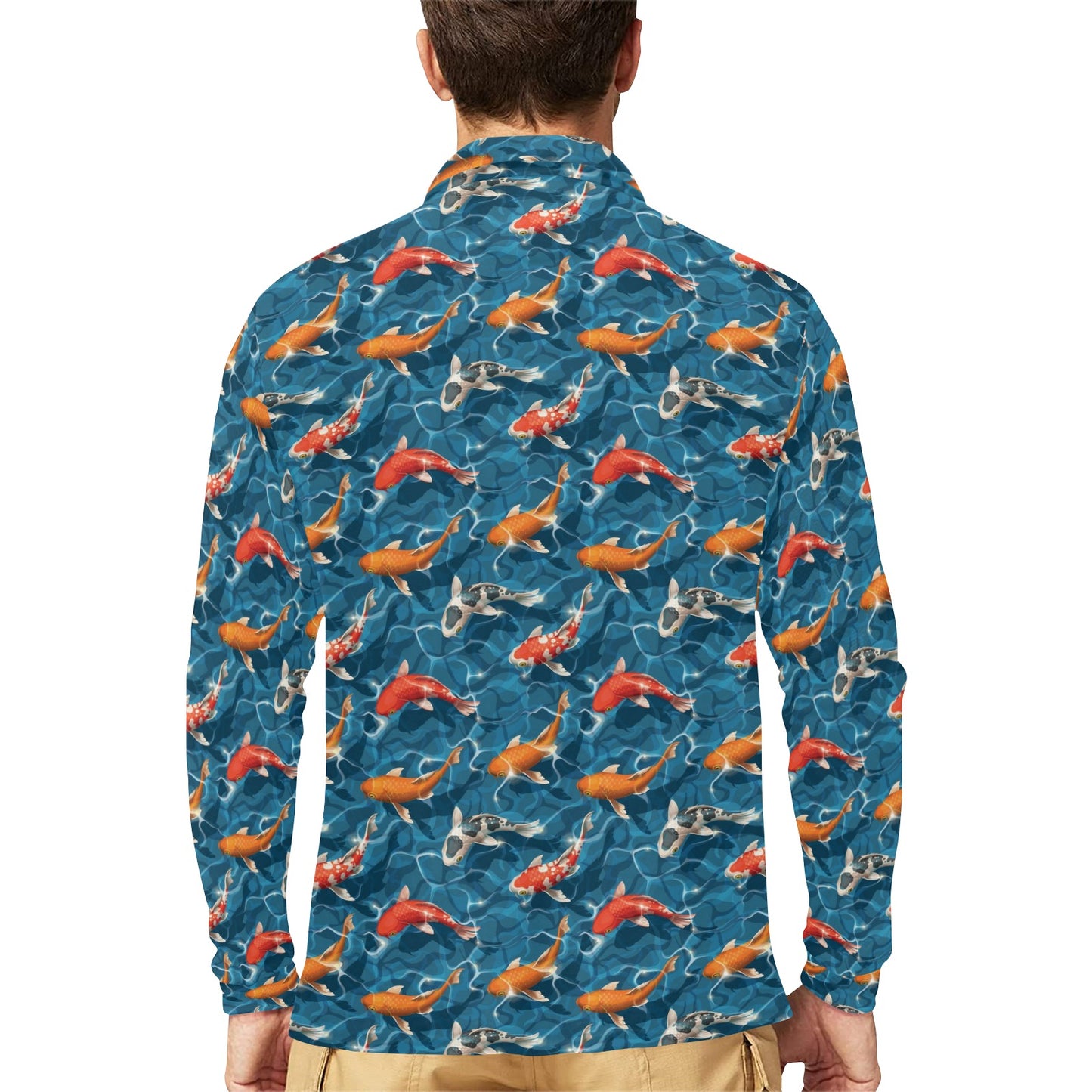 Koi Carp Water Design Themed Print Long Sleeve Polo Shirt For Men's