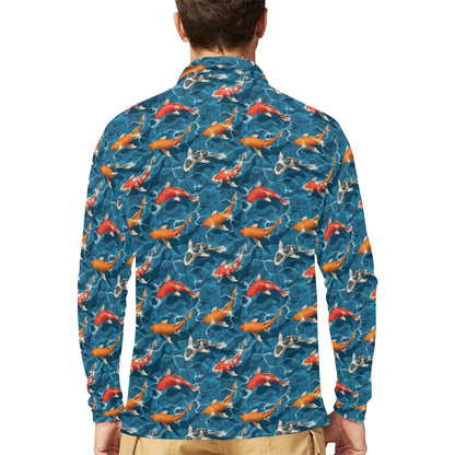 Koi Carp Water Design Themed Print Long Sleeve Polo Shirt For Men's