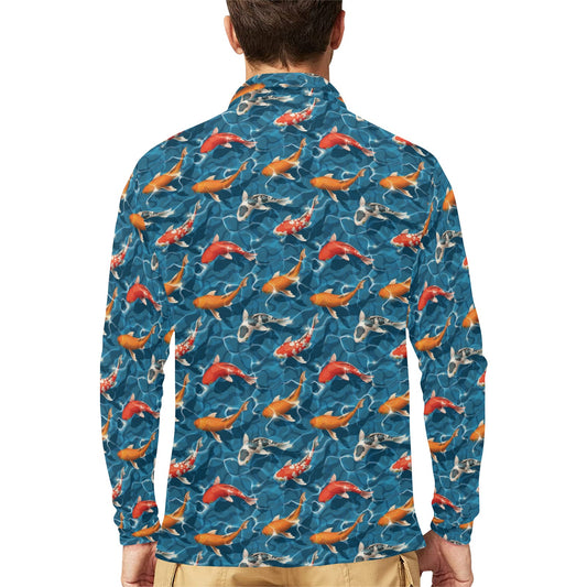 Koi Carp Water Design Themed Print Long Sleeve Polo Shirt For Men's