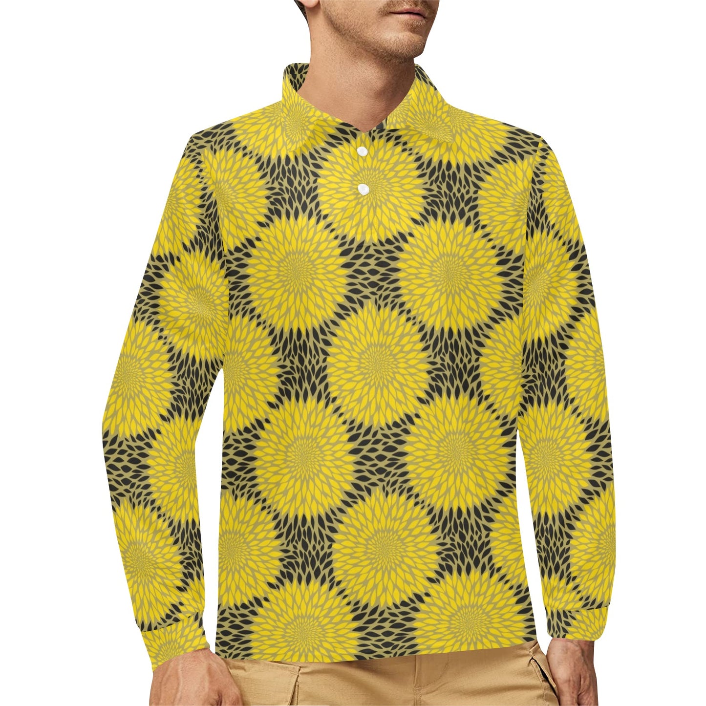 Sunflower Pattern Print Design SF06 Long Sleeve Polo Shirt For Men's