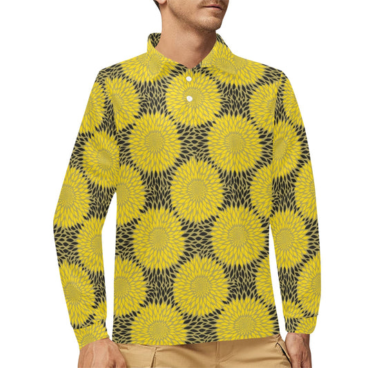 Sunflower Pattern Print Design SF06 Long Sleeve Polo Shirt For Men's