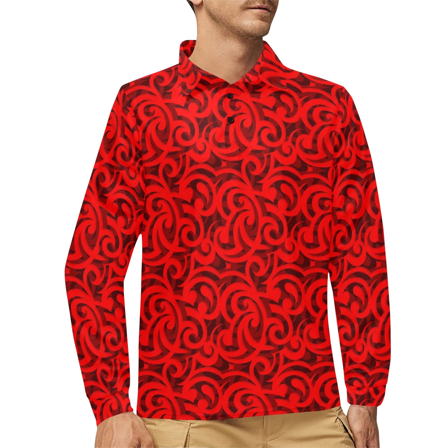 Maori Red Themed Design Print Long Sleeve Polo Shirt For Men's