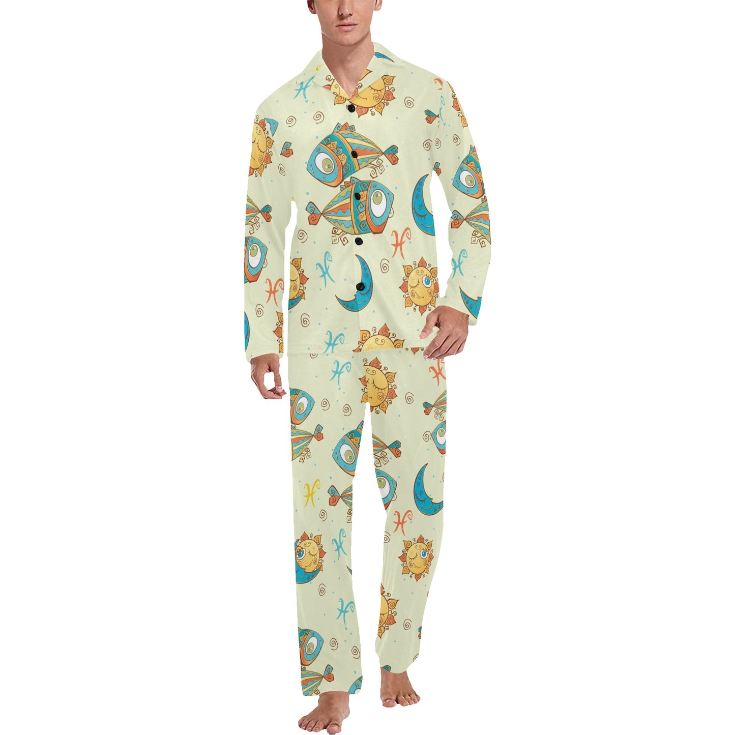 Pisces Pattern Print Design A03 Men's Long Pajama Set