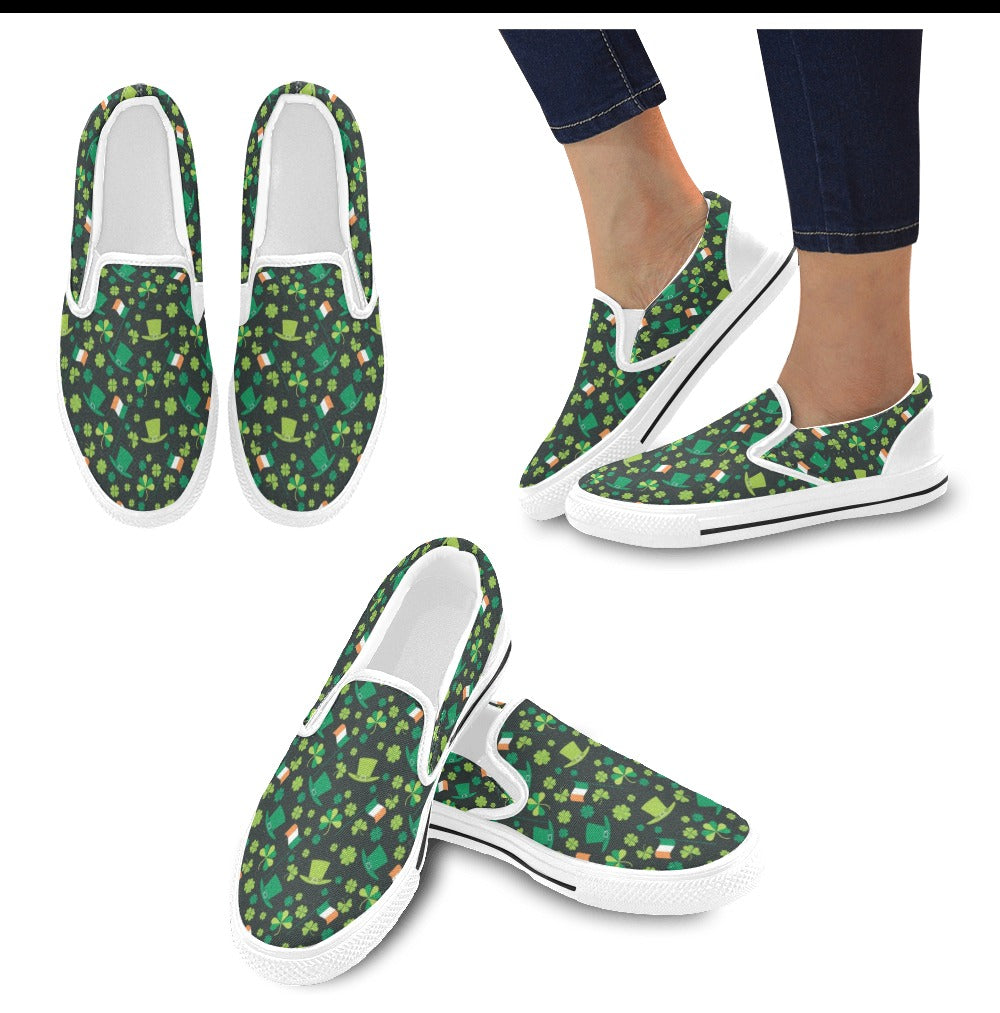 Shamrock Saint Patrick's Day Print Design LKS304 White Slip Ons Canvas Women's Shoes
