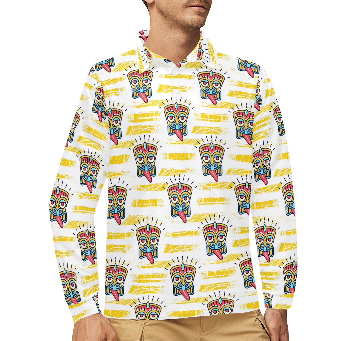 Tiki Smile Mask Print Pattern Long Sleeve Polo Shirt For Men's