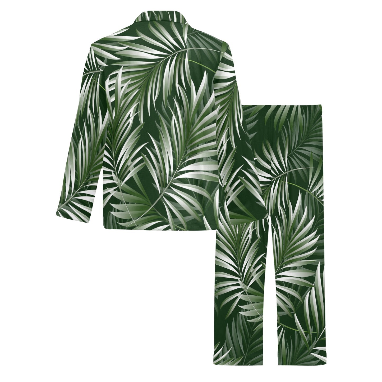 White Green Tropical Palm Leaves Men's Long Pajama Set