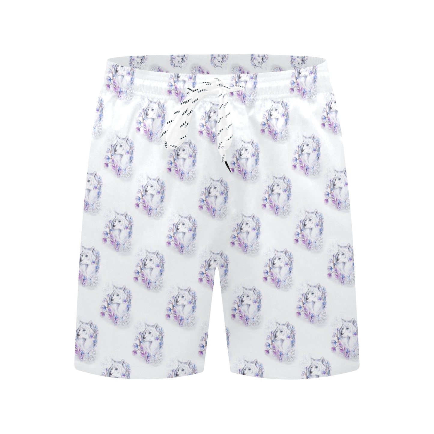 Wolf with Flower Print Design Men's Swim Trunks Beach Shorts