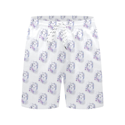 Wolf with Flower Print Design Men's Swim Trunks Beach Shorts