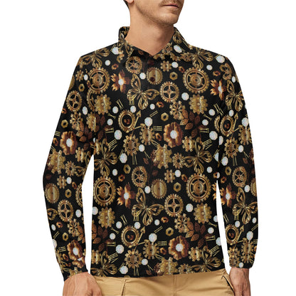 Steampunk Butterfly Design Themed Print Long Sleeve Polo Shirt For Men's