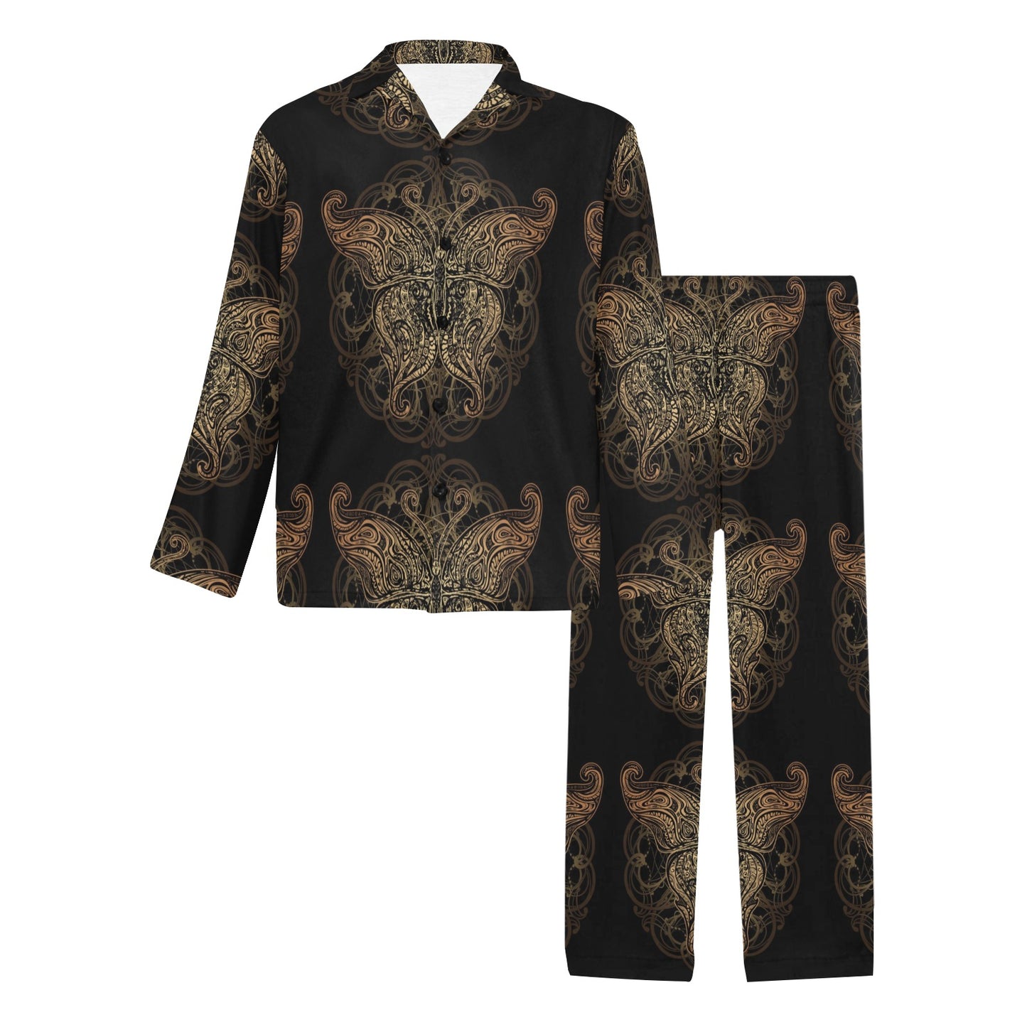 Gold Butterfly Ornamental Men's Long Pajama Set