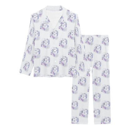 Wolf with Flower Print Design Women's Long Pajama Set