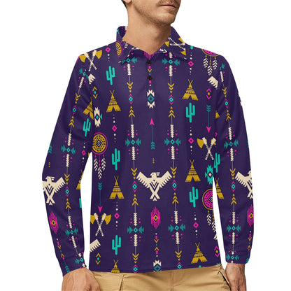 Native American Eagle Indian Pattern Long Sleeve Polo Shirt For Men's