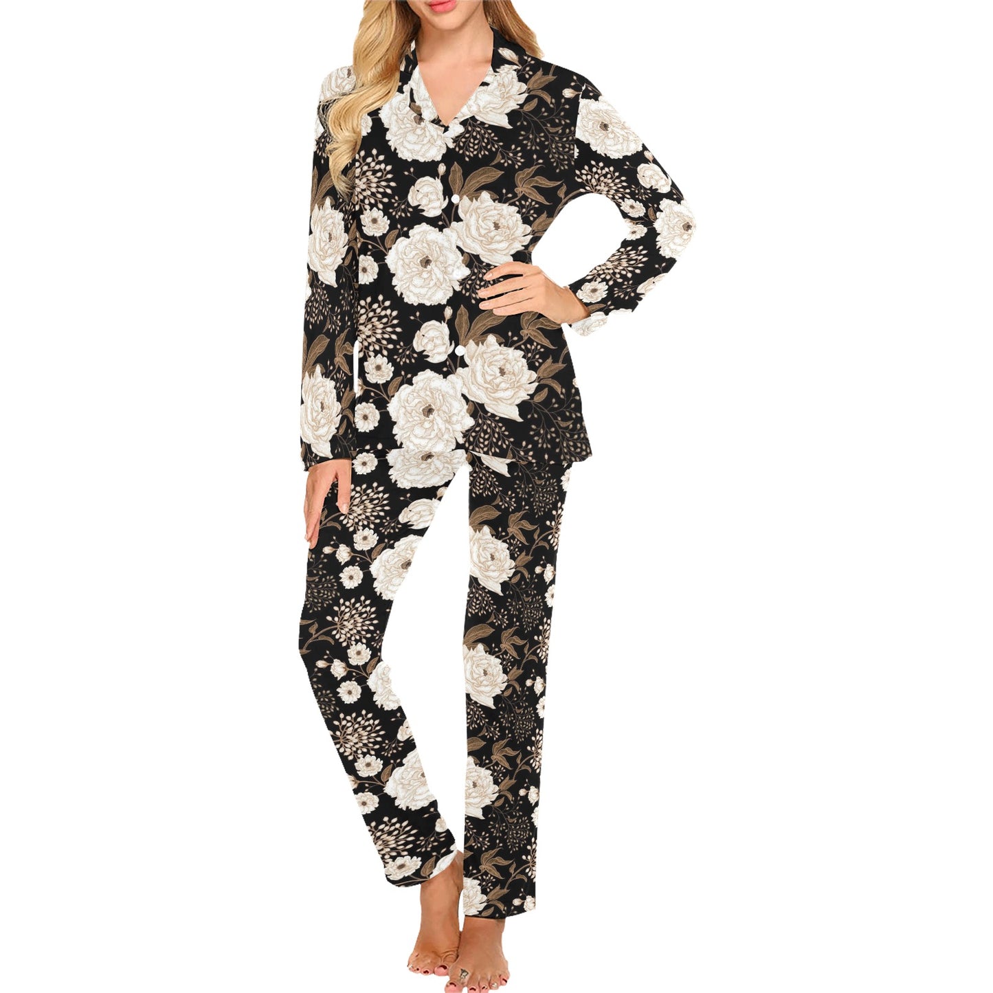 Peony Pattern Print Design A02 Women's Long Pajama Set