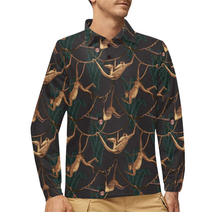 Monkey Pattern Print Design 02 Long Sleeve Polo Shirt For Men's
