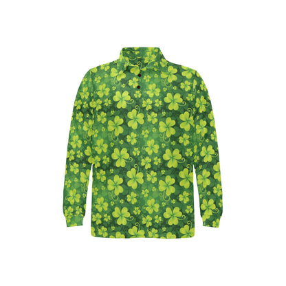 Shamrock Clover Print Long Sleeve Polo Shirt For Men's