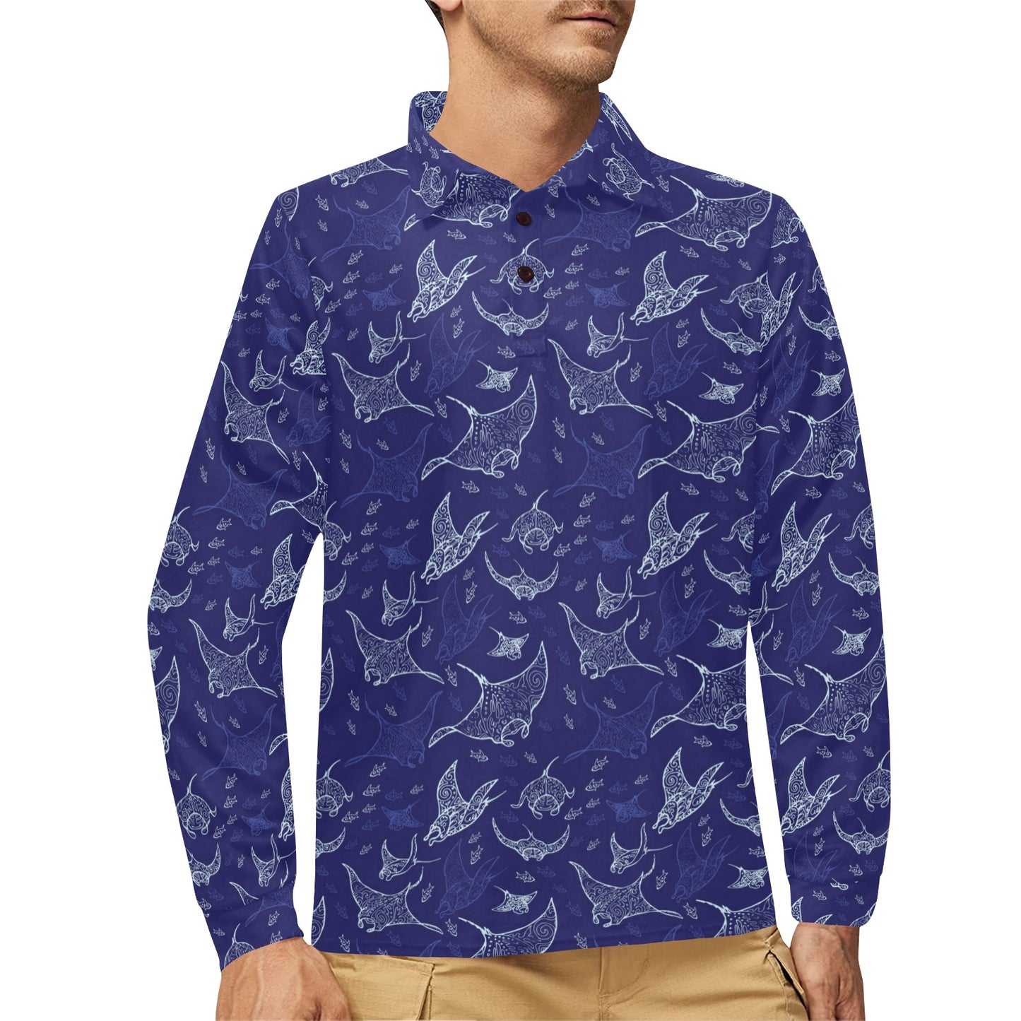 Manta Ray Print Design LKS401 Long Sleeve Polo Shirt For Men's