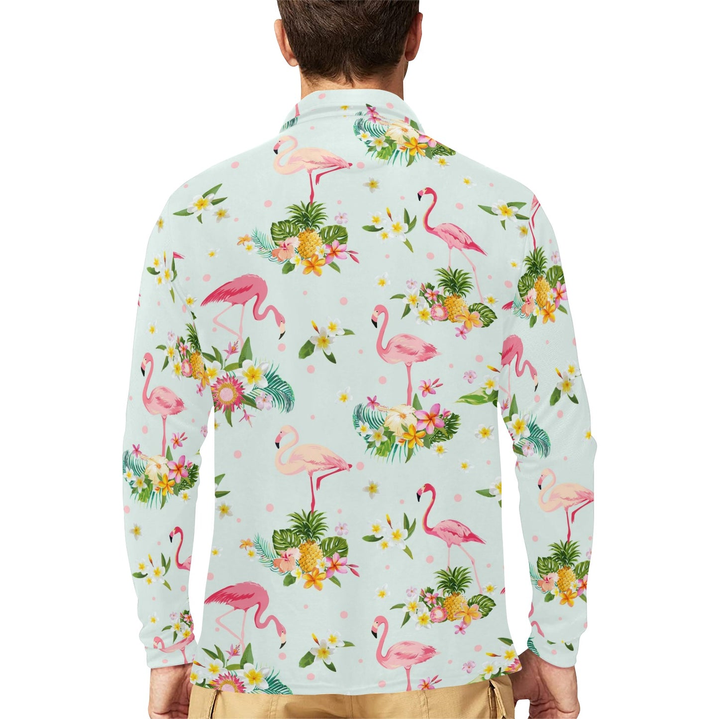 Flamingo Sweet Pattern Long Sleeve Polo Shirt For Men's