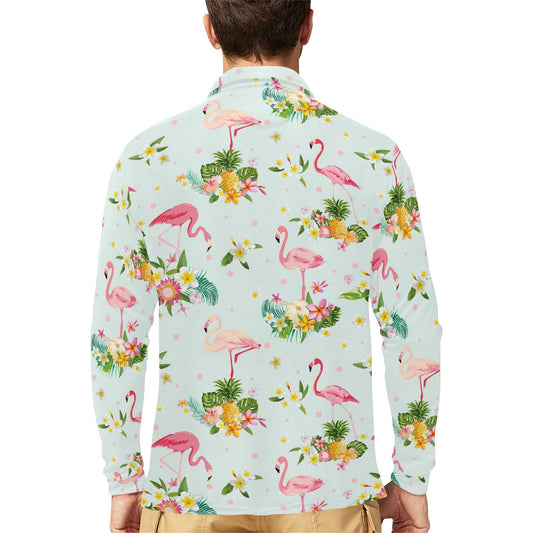Flamingo Sweet Pattern Long Sleeve Polo Shirt For Men's