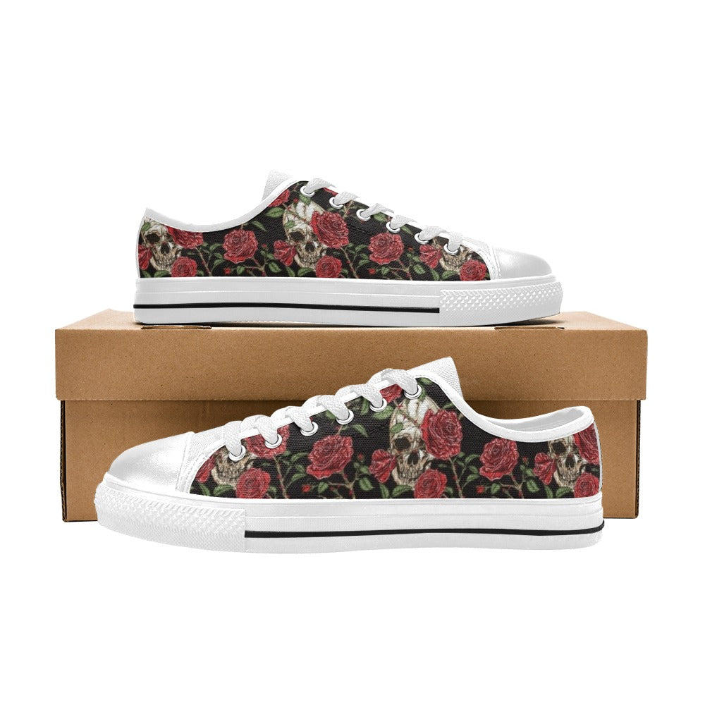 Skull And Roses Print Design LKS303 Women's White Low Top Shoes