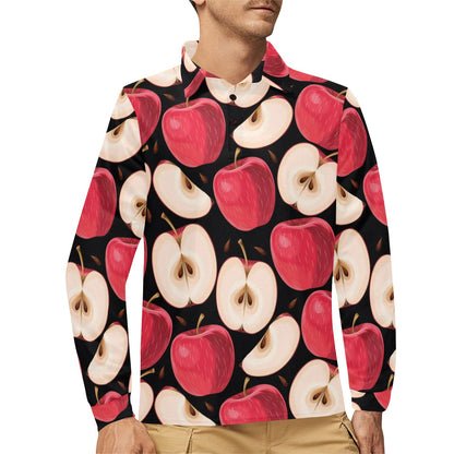 Apple Pattern Print Design AP02 Long Sleeve Polo Shirt For Men's