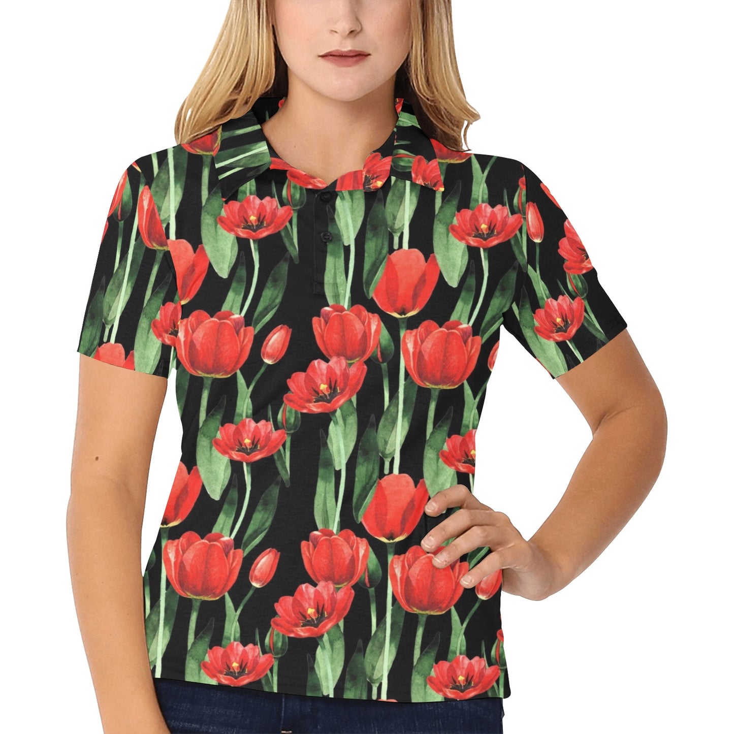 Tulip Pink Pattern Print Design TP06 Women's Polo Shirt