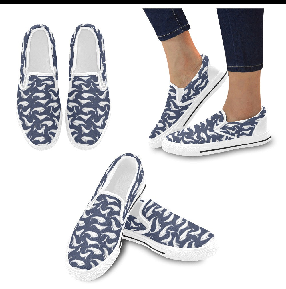 Whale Print Design LKS308 White Slip Ons Canvas Women's Shoes